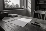 A blank letter and fountain pen beside an open window — AI-generated editorial image